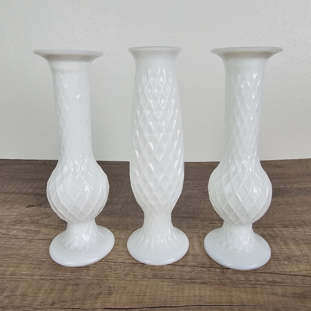 Vintage E.O. Brody Co. Diamond Pattern Milk Glass Bud Vases - Set of 3
